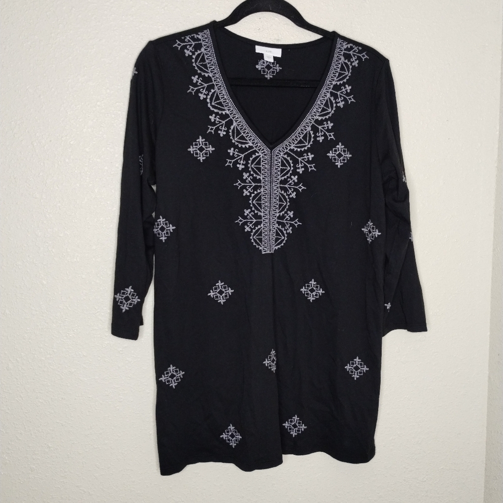 J. Jill Black V-Neck Embroidered Tunic Women's Size Small